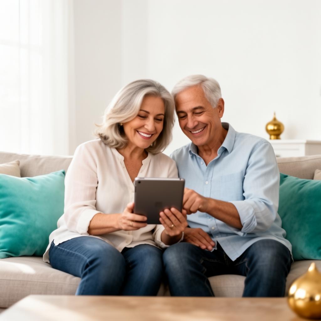 זוג בני 55+ מחבקים, מחייכים, בודקים אפשרות של משכנתא הפוכה